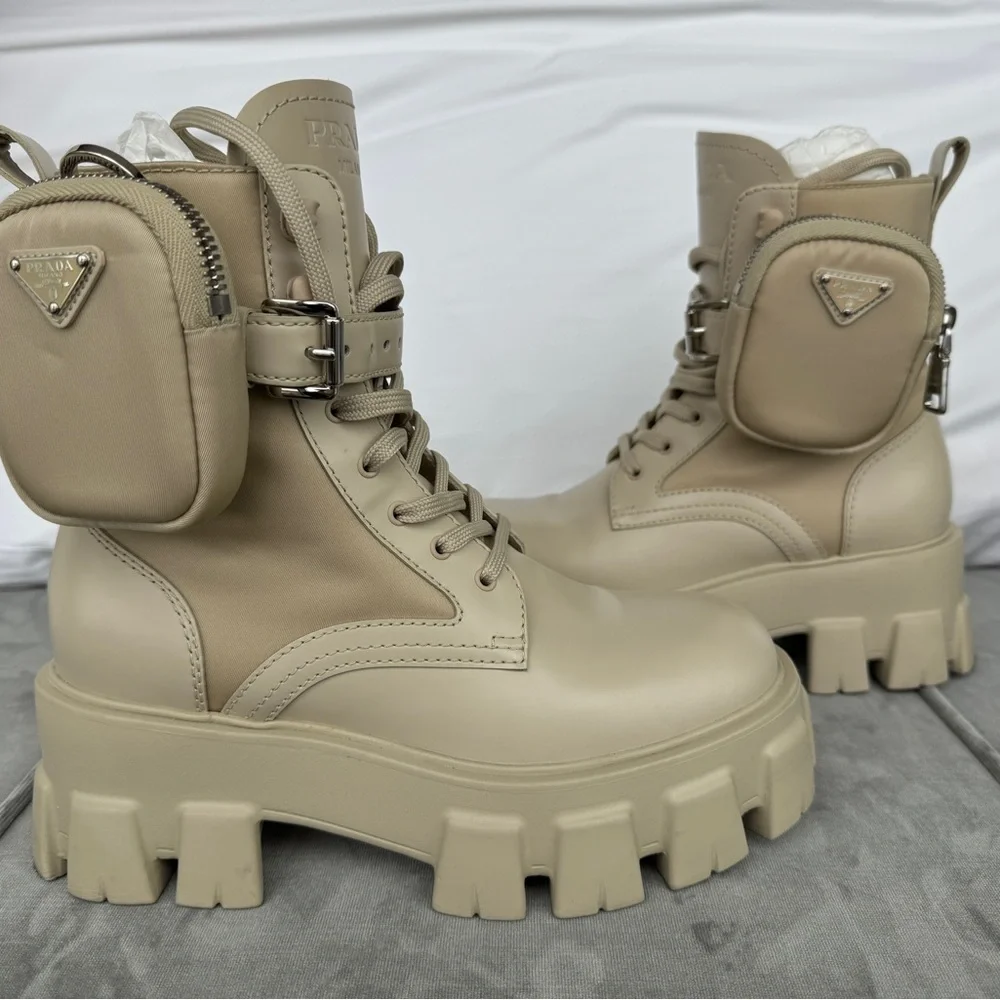 Prada Beige Monolith Combat Boots Leather & Re-Nylon With Pouch | Size 36 - Picture 3 of 10